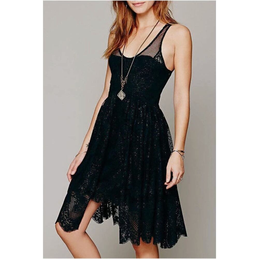 Free People Women's Sz 2 Kristal Lace Salinas Foil Print Dress in Black